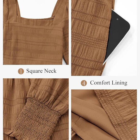 Women's Fall Dresses 2025 Puff Long Sleeve Square Neck Dress High Waist Smocked - Picture 4 of 9